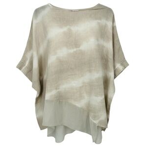 TEMPO PARIS Beige Linen Tie Dye Asymmetrical Hem Tunic Shirt Top S M Lagenlook